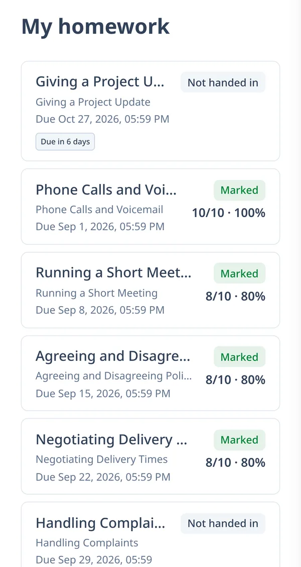 A student’s homework list on a phone